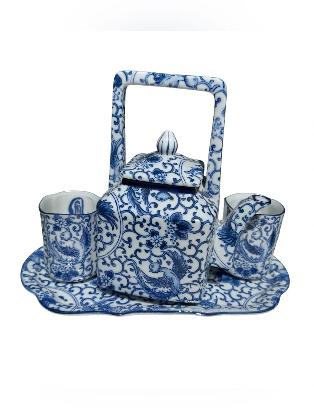 Vintage Takahashi San Francisco Blue White Porcelain Tea Sake Set Tray Japan
